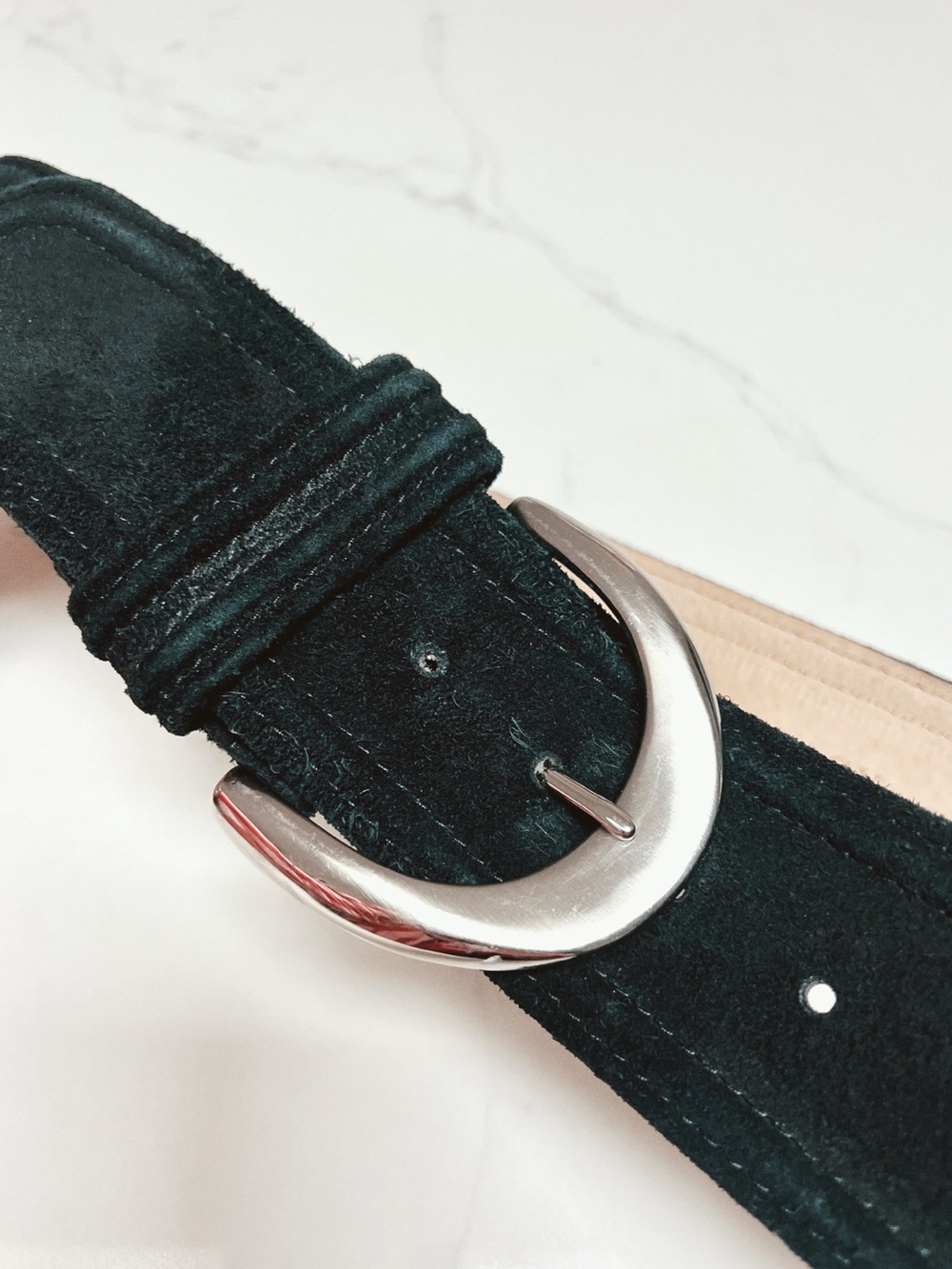 2004 Vintage Ellen Tracy | Black Suede Wide Belt with Silver Crescent Buckle